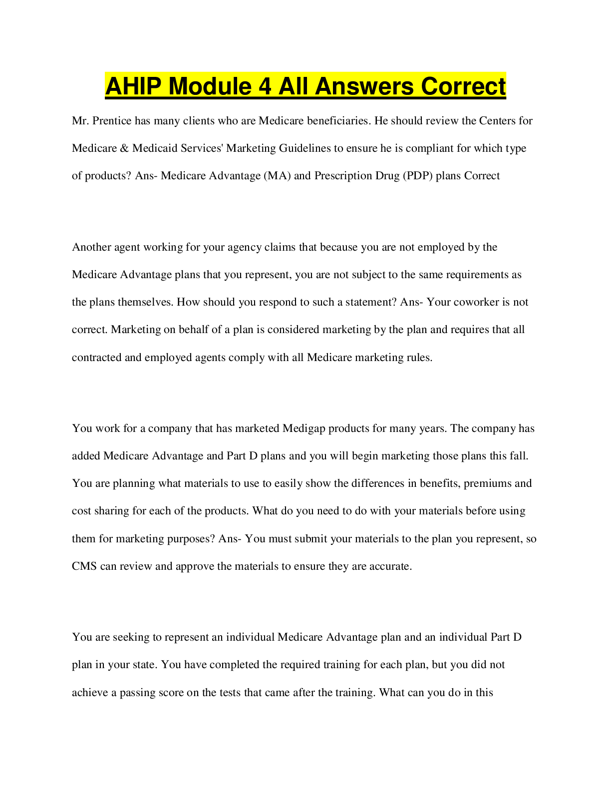 Preview image for AHIP Module 4 All Answers Correct